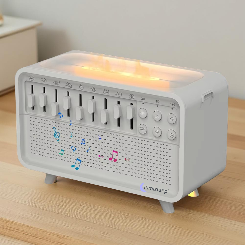 White sound machine with buttons and display on a wooden surface, brand 'Lumisleep' visible.
